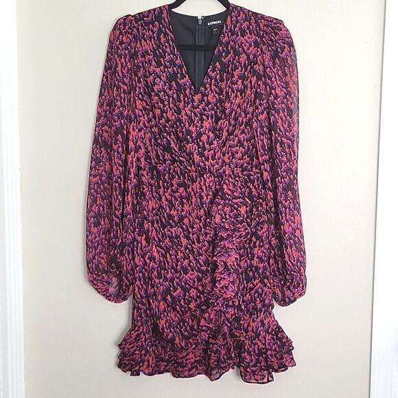Express Abstract Print Faux Wrap Ruffle Mini Dress Small Red Black Purple - Picture 2 of 16